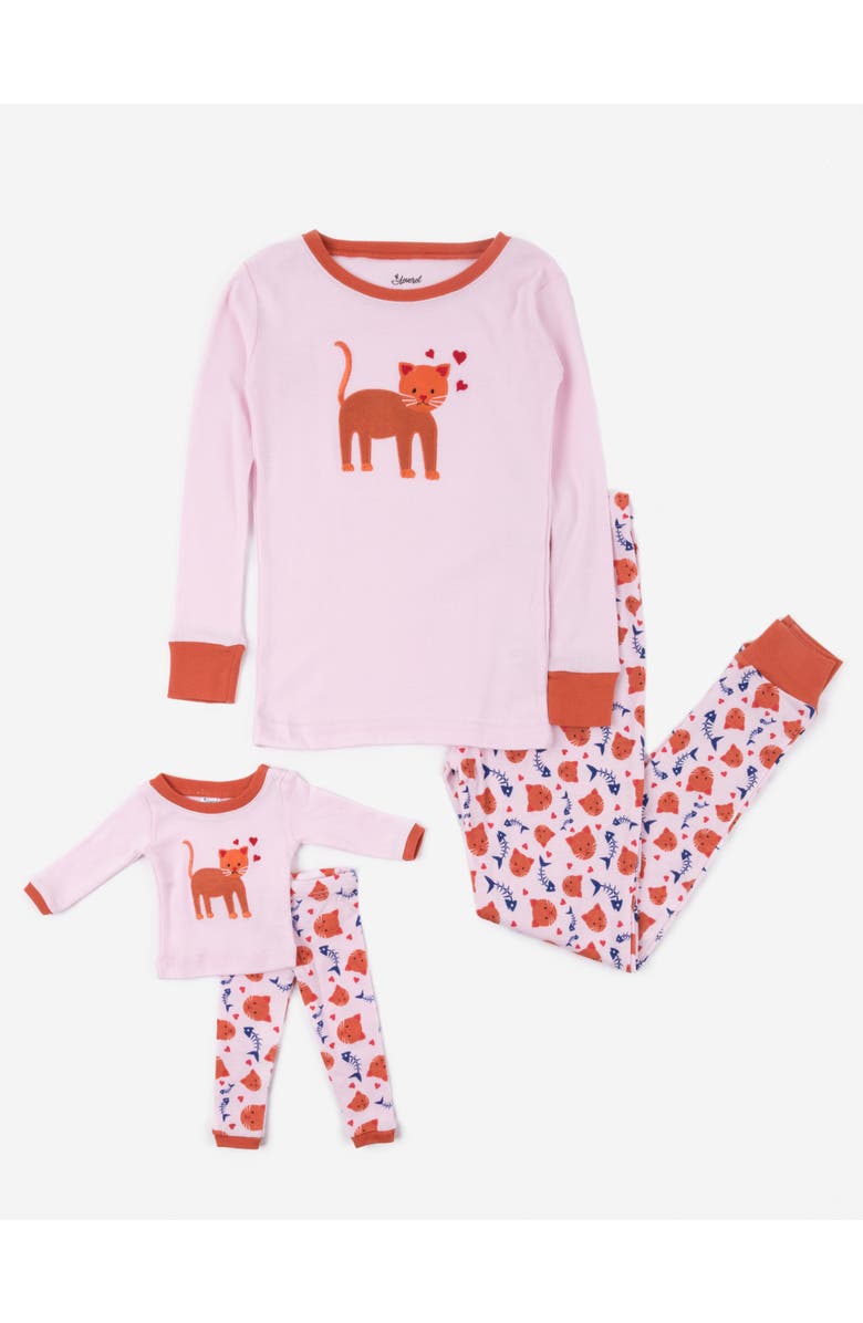 Leveret Girls Matching Doll Printed Cotton Pajamas, Animal & Seasonal Prints, Main, color, Kitten