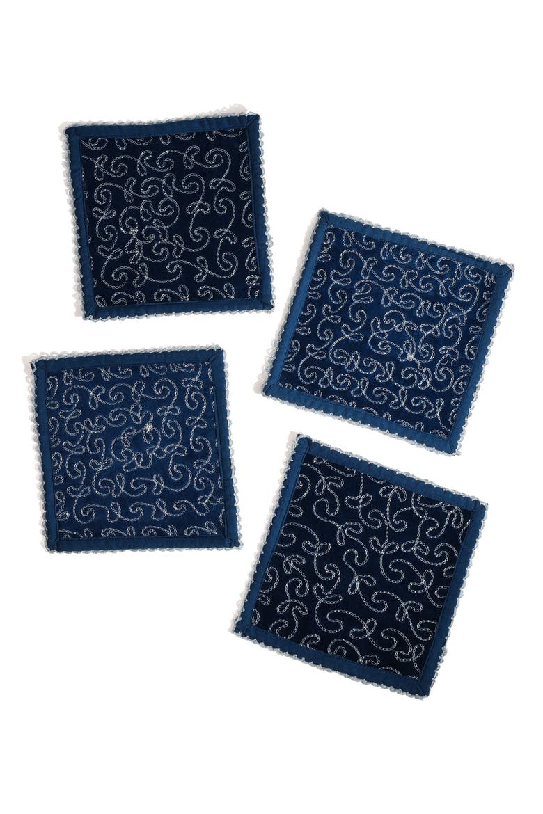 Embroidered Set of 4 Cocktail Napkins, Main, color, BLUE