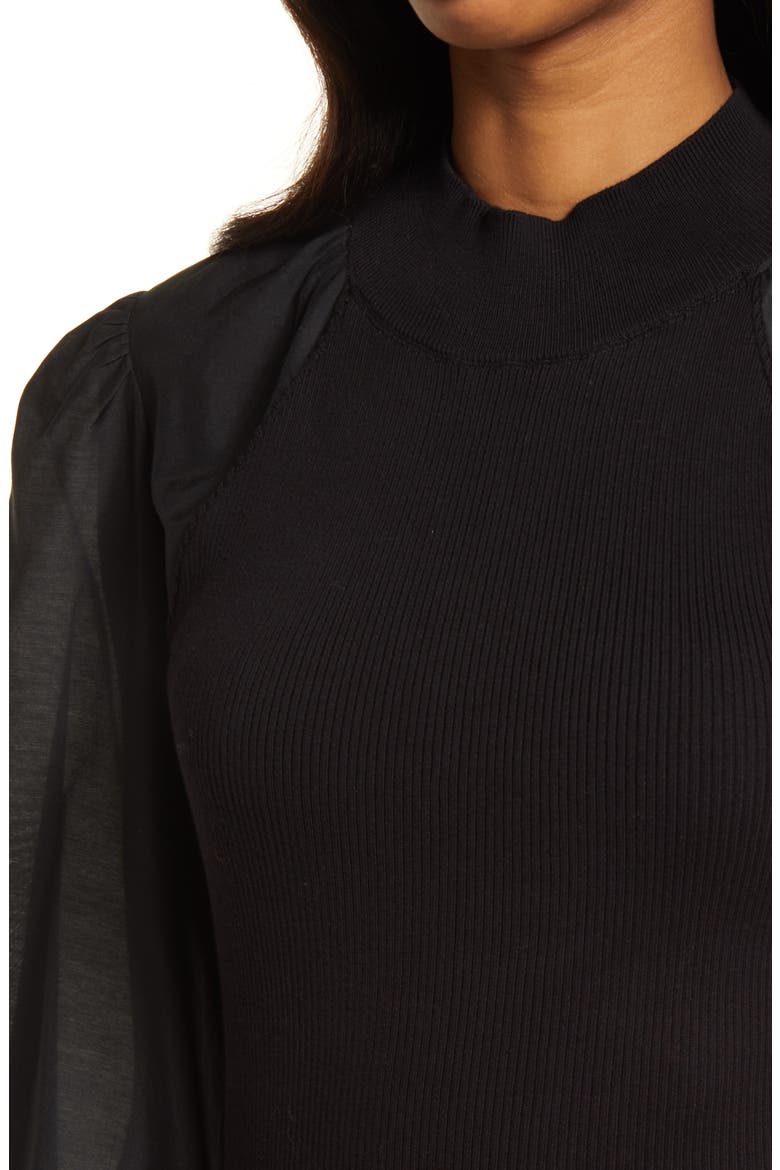 Cleo Mixed Media Balloon Sleeve Cotton Blend Blouse, Alternate, color, BLACK