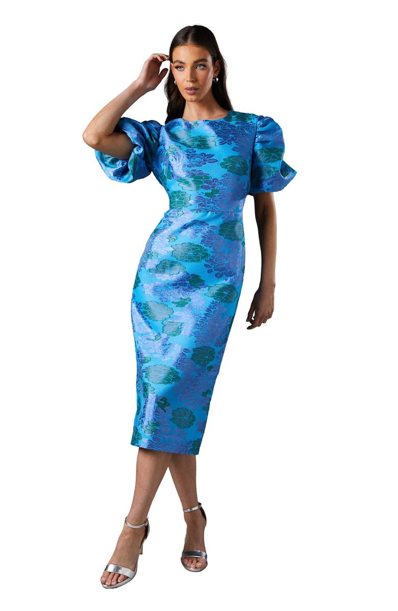 Coast Jacquard Floral Puff Sleeve Midi Dress, Main, color, Blue