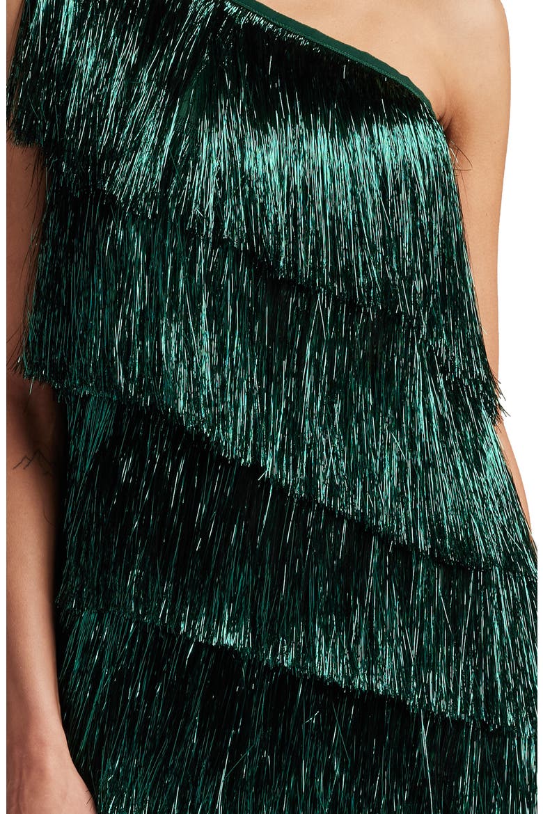 Metallic Fringe One-Shoulder Cocktail Dress, Alternate, color, JUNGLE GREEN