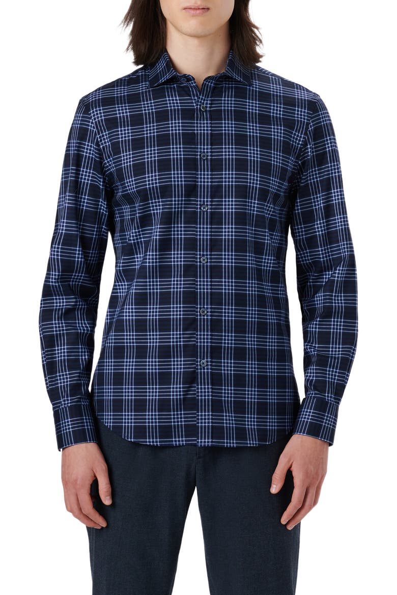 Classic Fit Plaid Stretch Cotton Button-Up Shirt, Main, color, NAVY