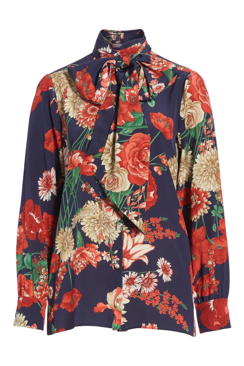 Spring Bouquet Print Tie Neck Silk Blouse, Alternate, color, BLUE/ RED PRINT