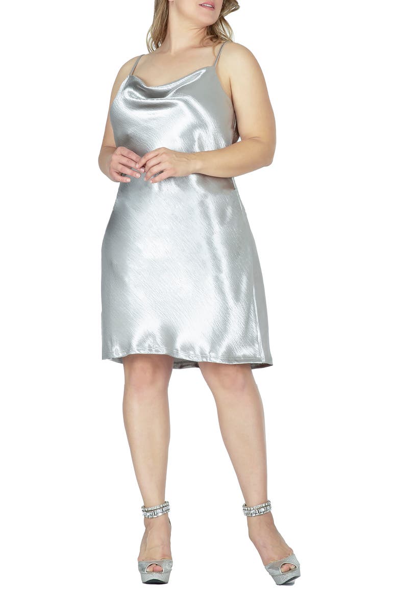 Cowl Neck Metallic Crinkle Satin Slipdress, Alternate, color, SILVER