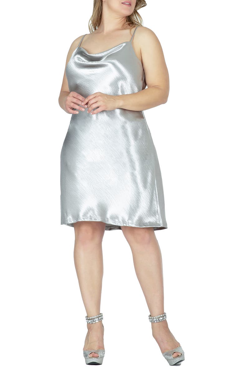 Standards & Practices Cowl Neck Metallic Crinkle Satin Slipdress, Alternate, color, Silver