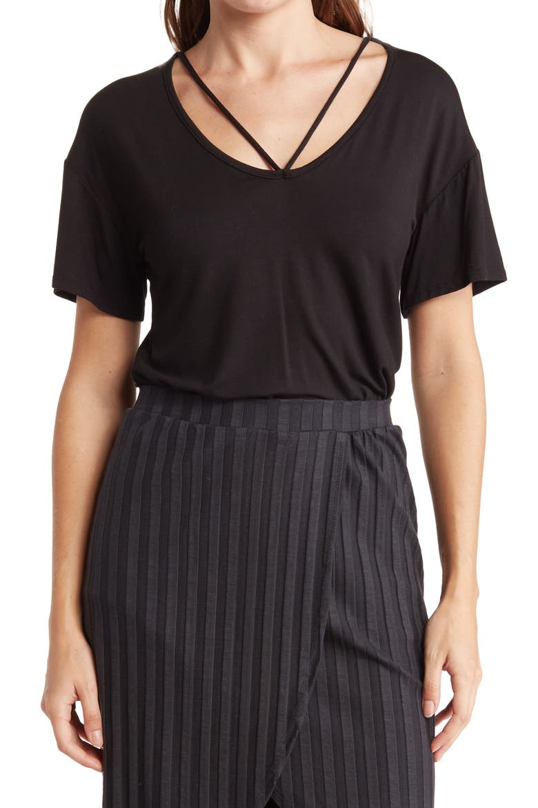 Deep V-Neck Boyfriend Tee, Main, color, BLACK