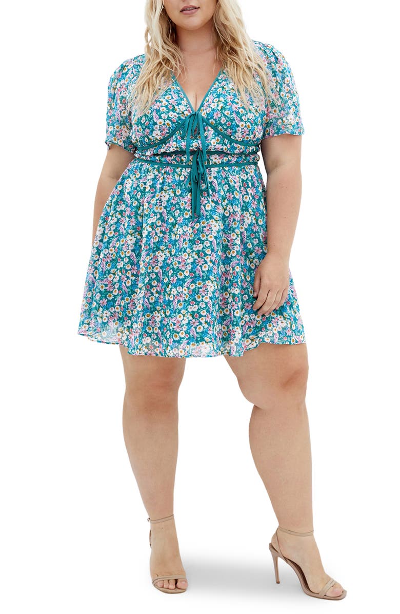 City Chic Cara Floral Print Minidress, Main, color, Ditsy Swirl
