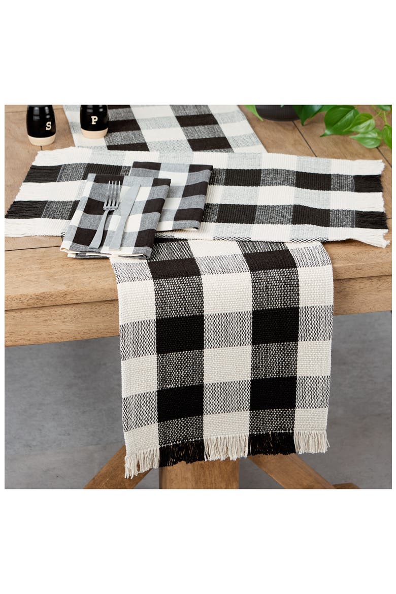 Checkered Fringe Cotton Table Runner, Alternate, color, BLACK