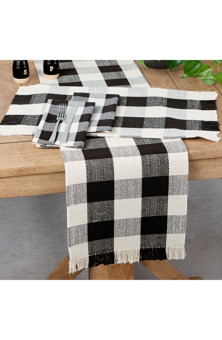 Design Imports Checkered Fringe Cotton Table Runner, Alternate, color, Black