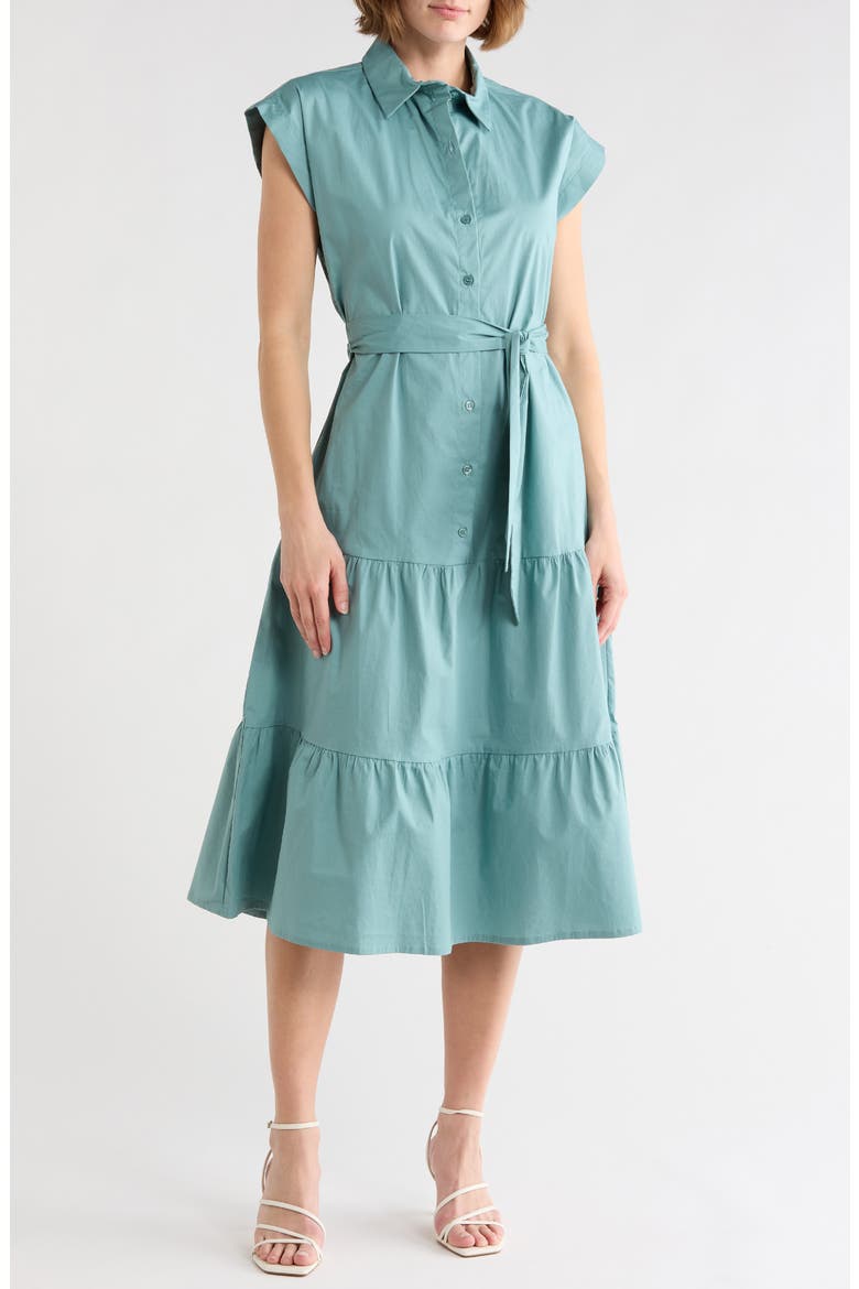 Tie Waist Stretch Cotton Shirtdress, Main, color, MINERAL BLUE