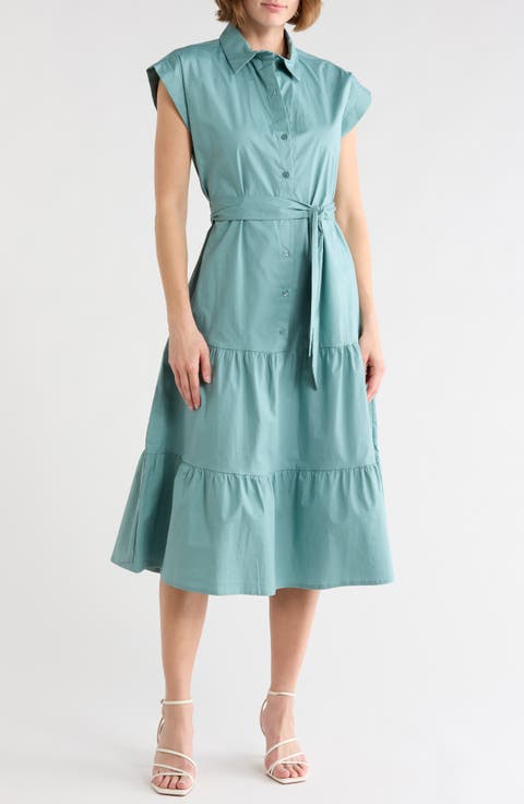 Tie Waist Stretch Cotton Shirtdress