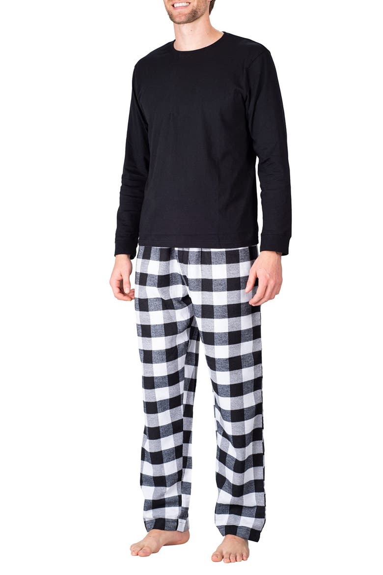 Long Sleeve Crewneck Flannel Pajama Set, Main, color, WHITE AND BLACK BUFFALO CHECK