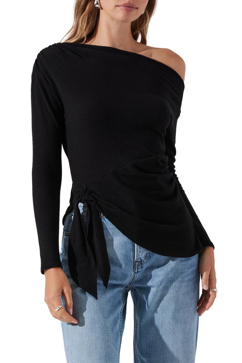 One-Shoulder Tie Hem Knit Top, Main, color, BLACK