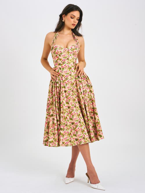 Miss Circle Niya Floral Print Linen Halter Corset Maxi Dress In Brown