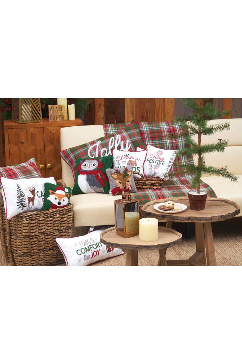Woodland Reindeer Red Scarf Christmas Hooked Mini Accent Pillow 8" x 8", Alternate, color, Grey