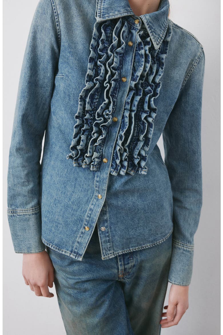 Ruffle Denim Shirt, Alternate, color, MEDIUM BLUE