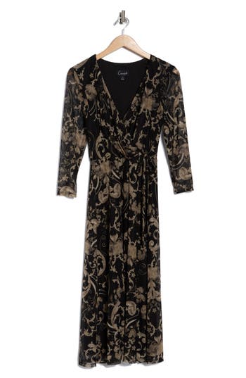Connected Apparel Long Sleeve Wrap Style Mesh Dress In Brown