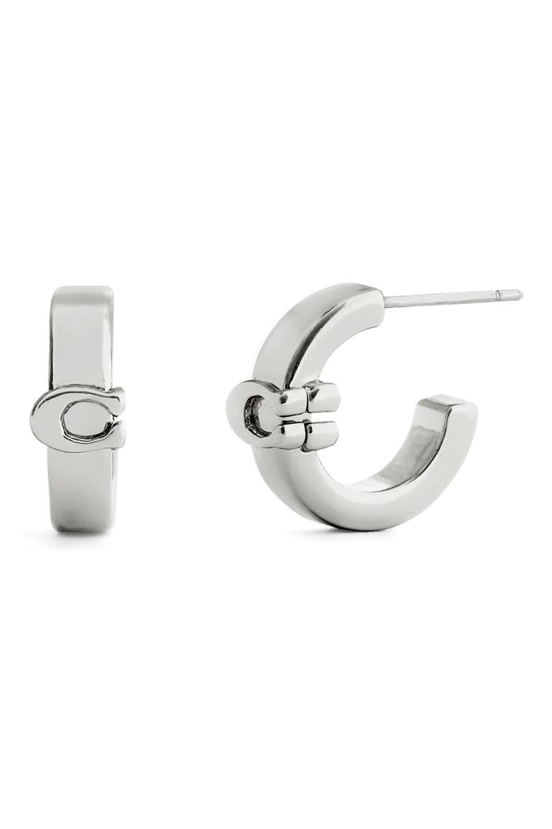 Signature C Huggie Hoop Earrings, Main, color, RHODIUM