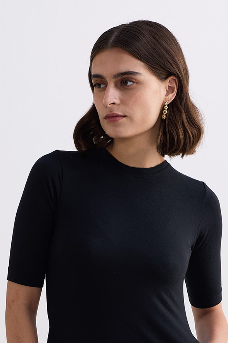 High Crew Neck Fitted Dress with Elbow Sleeves, Alternate, color, Black