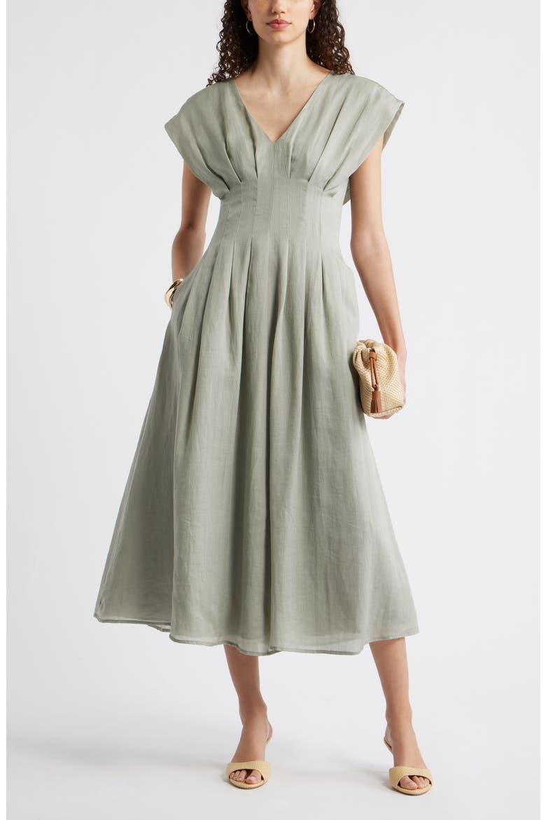 Pleat Waist A-Line Dress, Alternate, color, GREEN CHAPARRAL