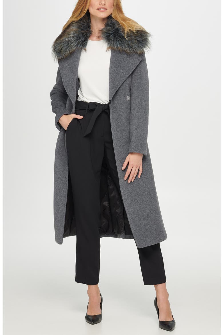 Belted Wool Blend Coat with Faux Fur Trim, Alternate, color, MED GREY