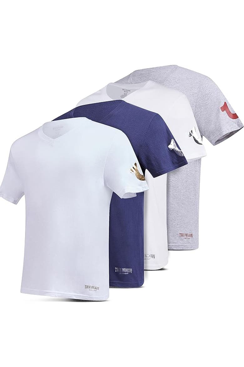 Mens Undershirts 4 Pack Lightweight Mens Undershirt, 100% Cotton, Main, color, White/White/Heather Grey/Navy