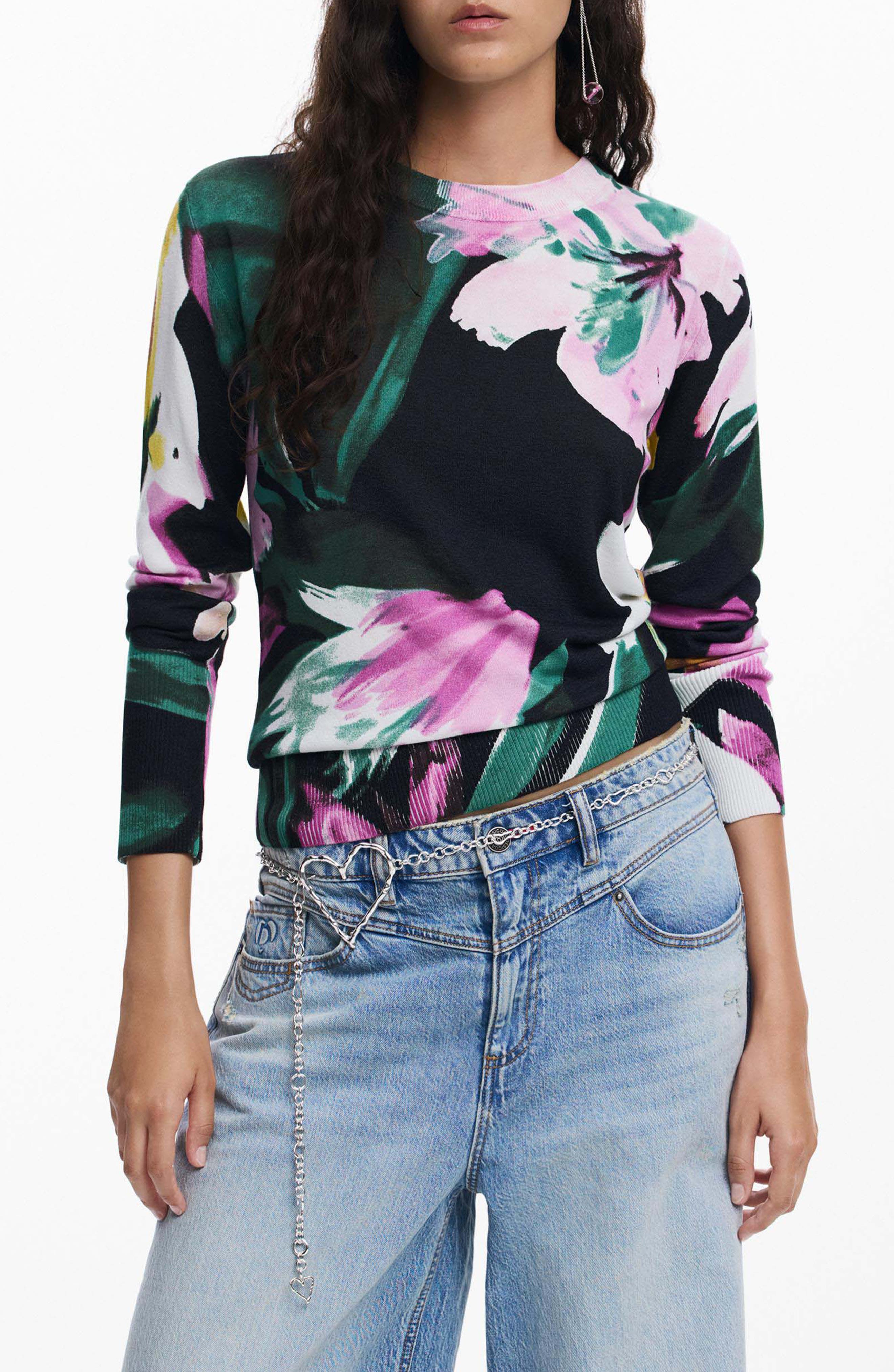 Desigual Floral Fine Gauge Crewneck Sweater