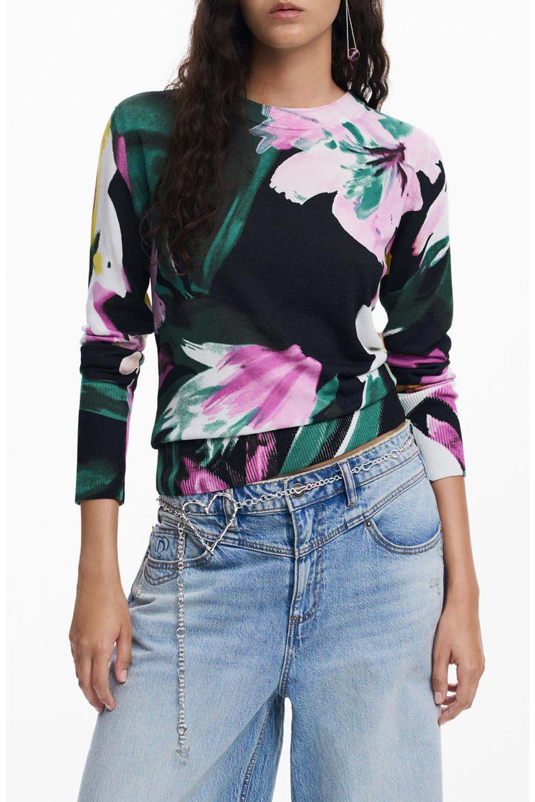 Floral Fine Gauge Crewneck Sweater, Main, color, BLACK