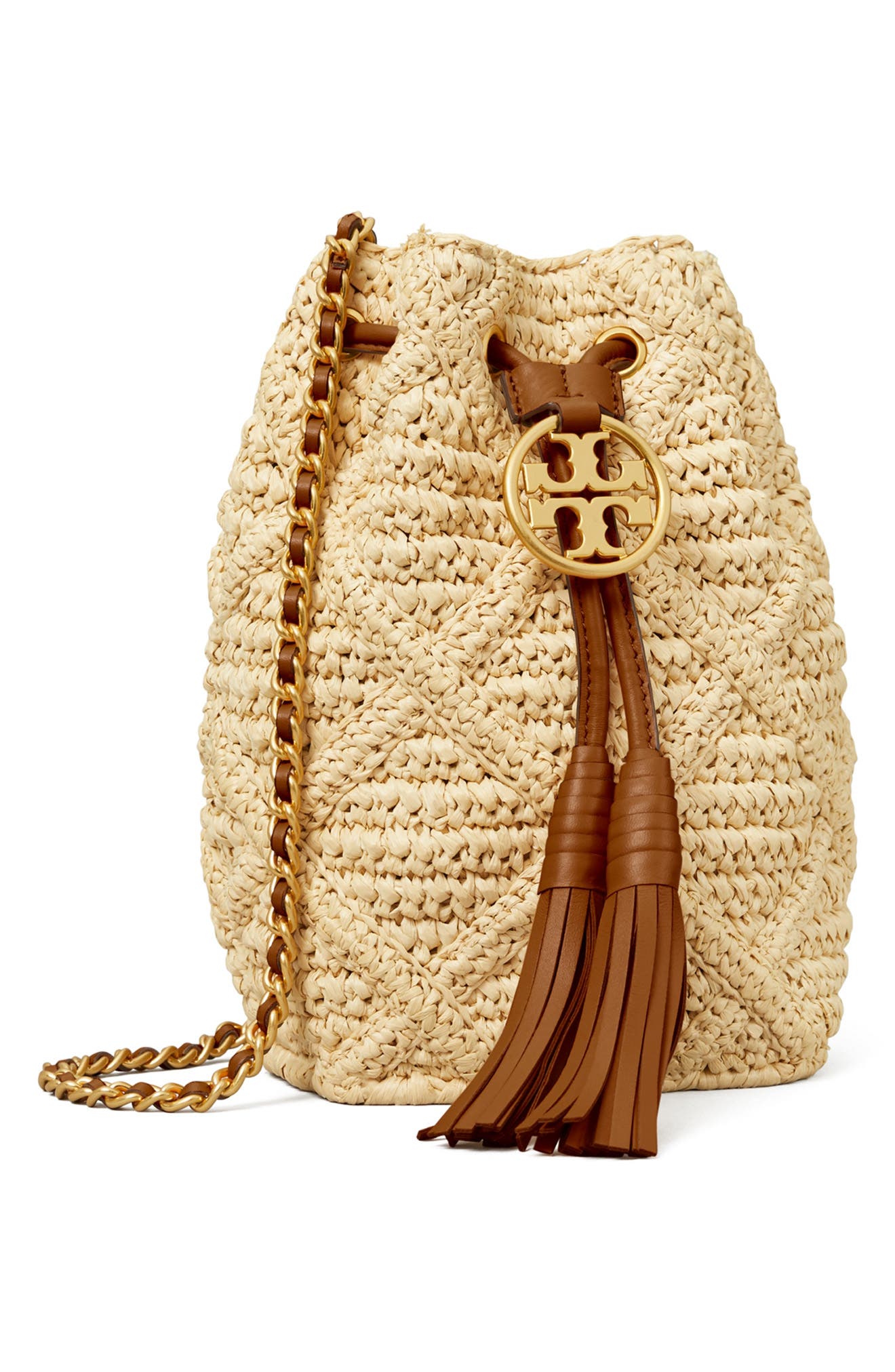 Tory Burch Fleming Soft Straw Crochet Mini Bucket Bag, Alternate, color, 
