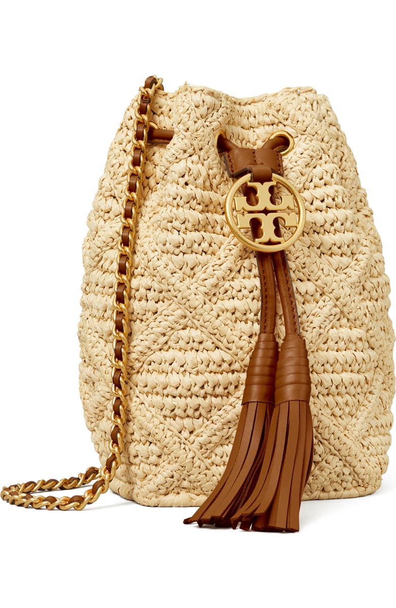 Tory Burch Fleming Soft Straw Crochet Mini Bucket Bag, Alternate, color,