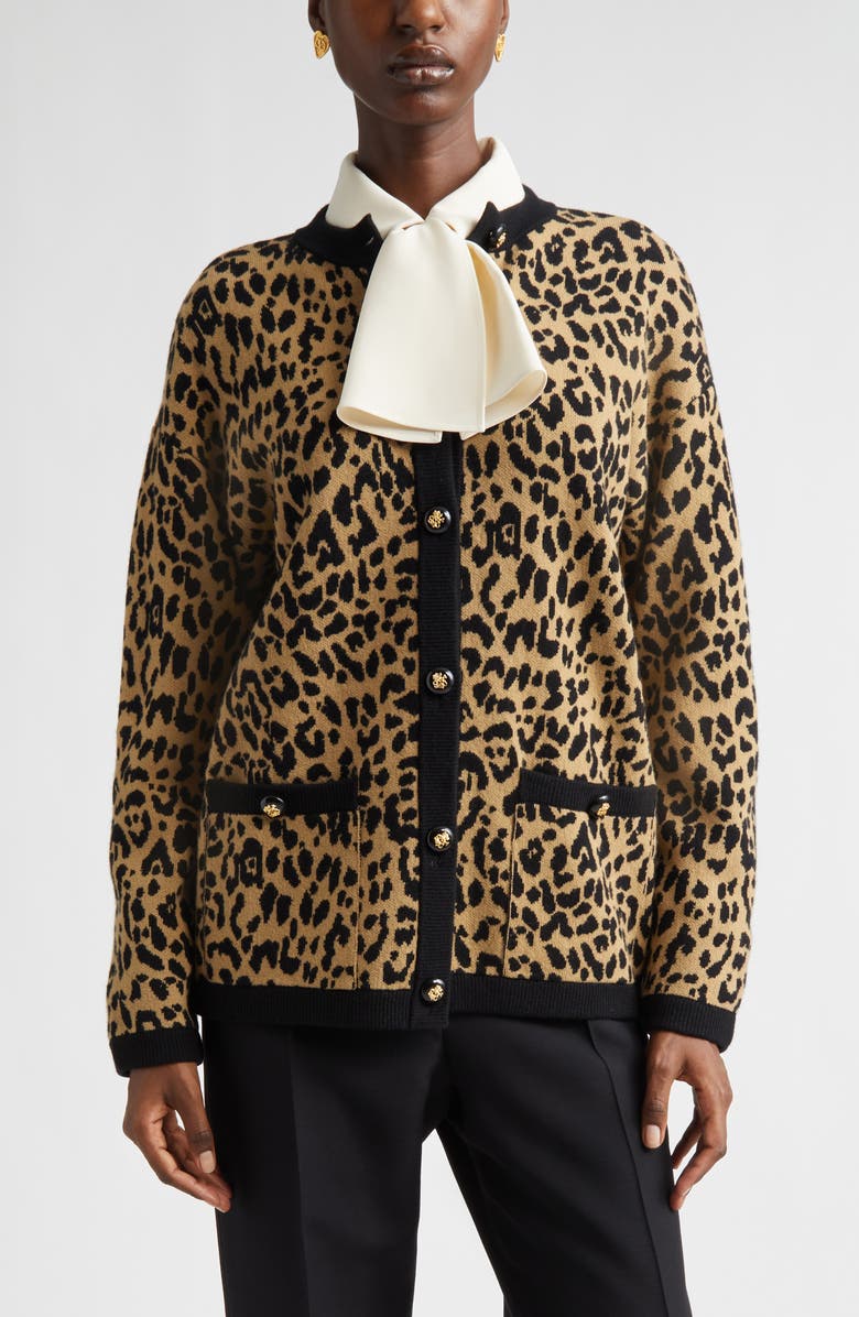 Valentino Leopard Jacquard Wool Cardigan, Main, color, Leopard