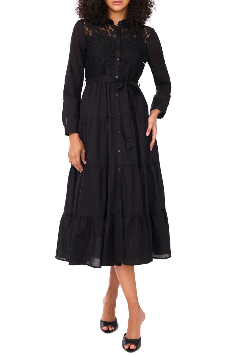 Halogen<sup>®</sup> Lace Bodice Long Sleeve Tiered Midi Shirtdress, Main, color, 