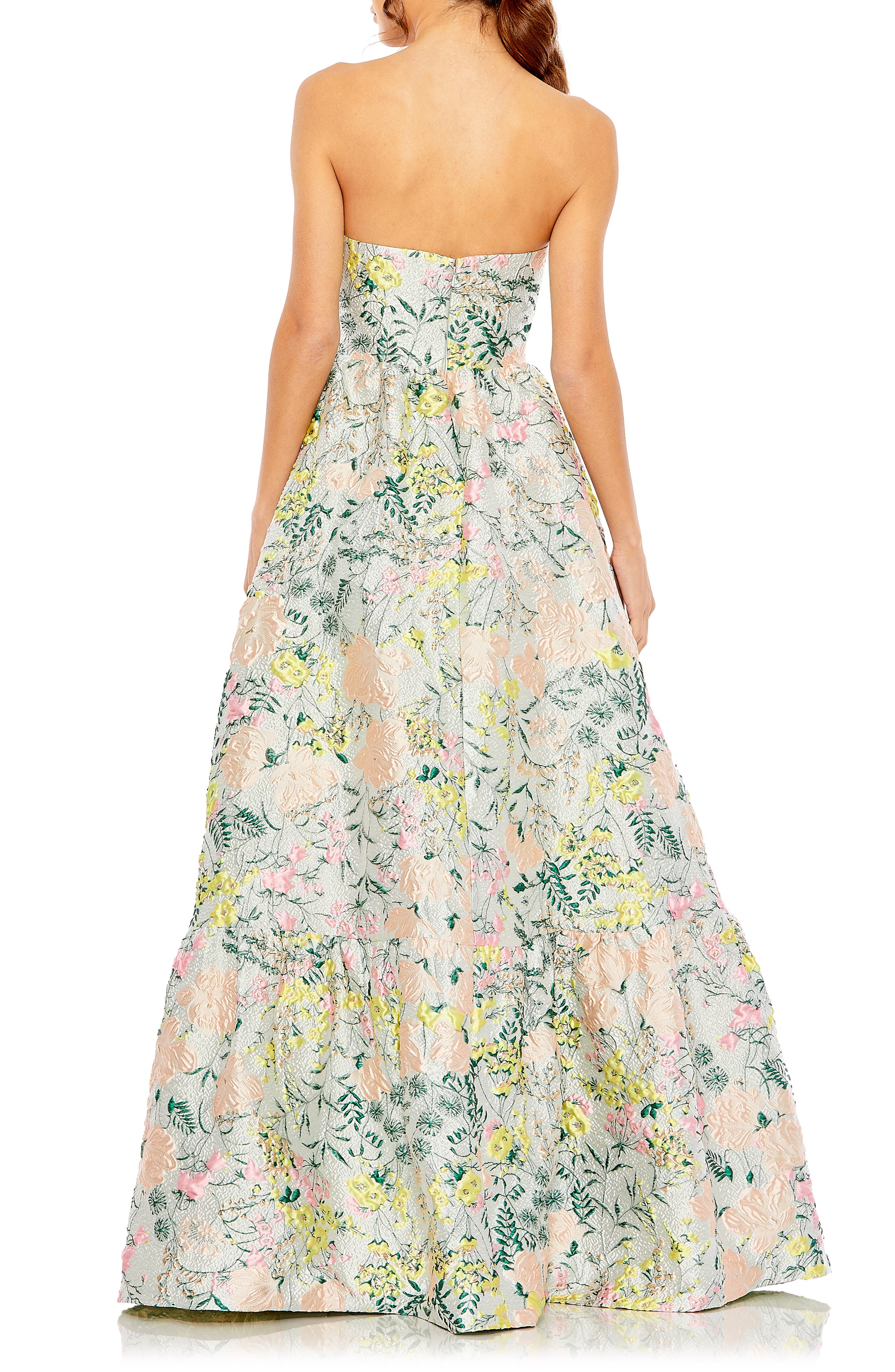 mac duggal strapless brocade floral ruffle-hem a-line maxi dress Mac Duggal Women's Floral Brocade Ball Gown - Pastel Multi