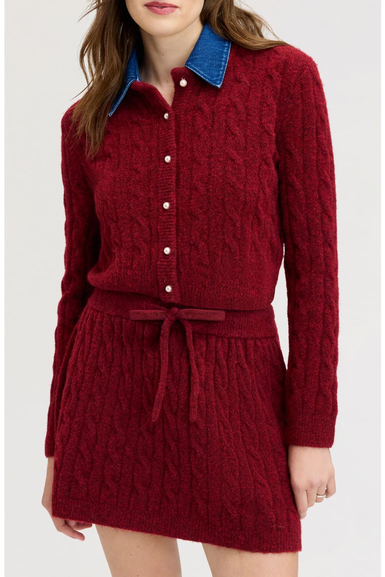 Removable Denim Collar Cardigan, Main, color, DARK CHERRY
