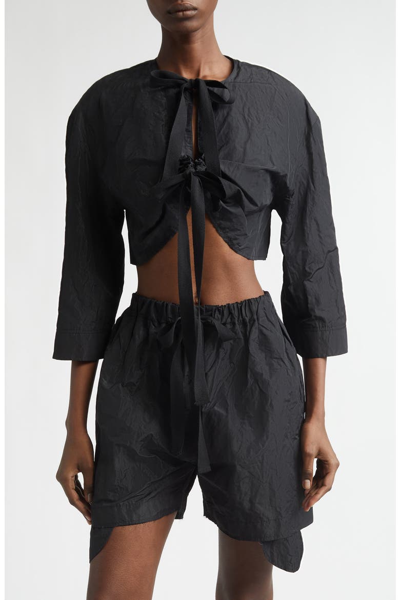 Jane Crinkled Metallic Satin Bolero Jacket, Main, color, BLACK