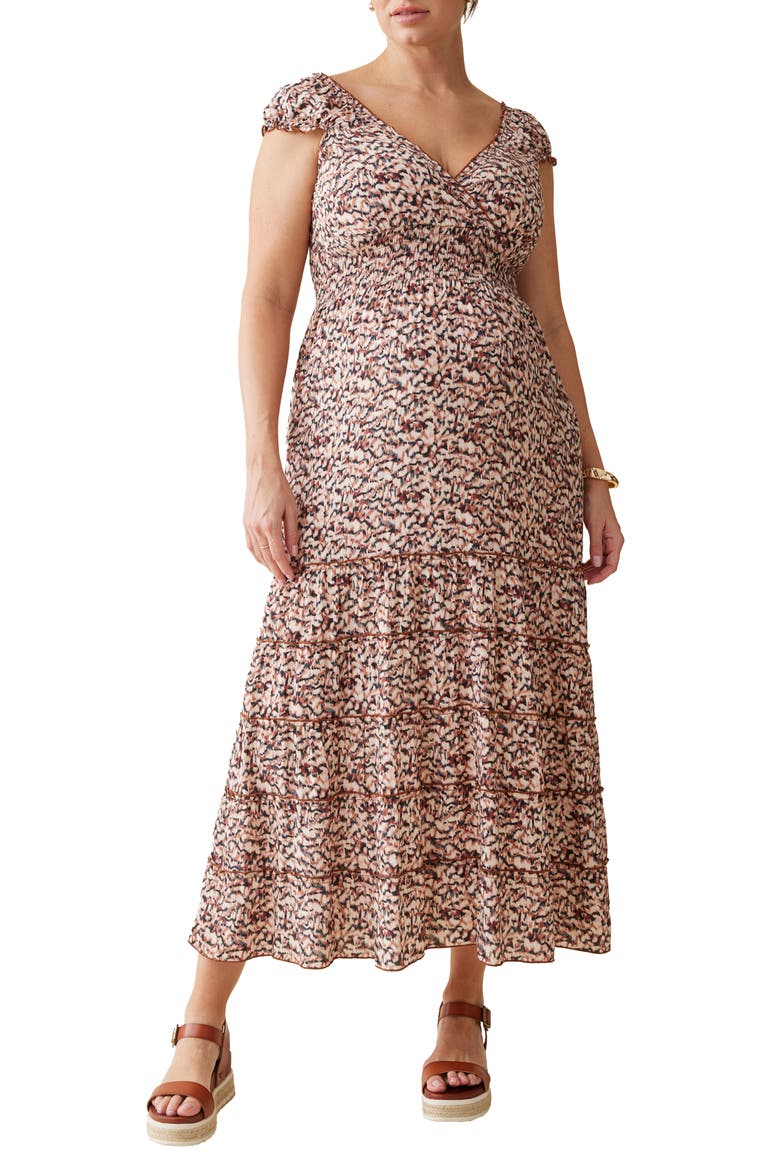 Tiered Maternity Maxi Dress, Main, color, BROWN/ NAVY ABSTRACT IKAT