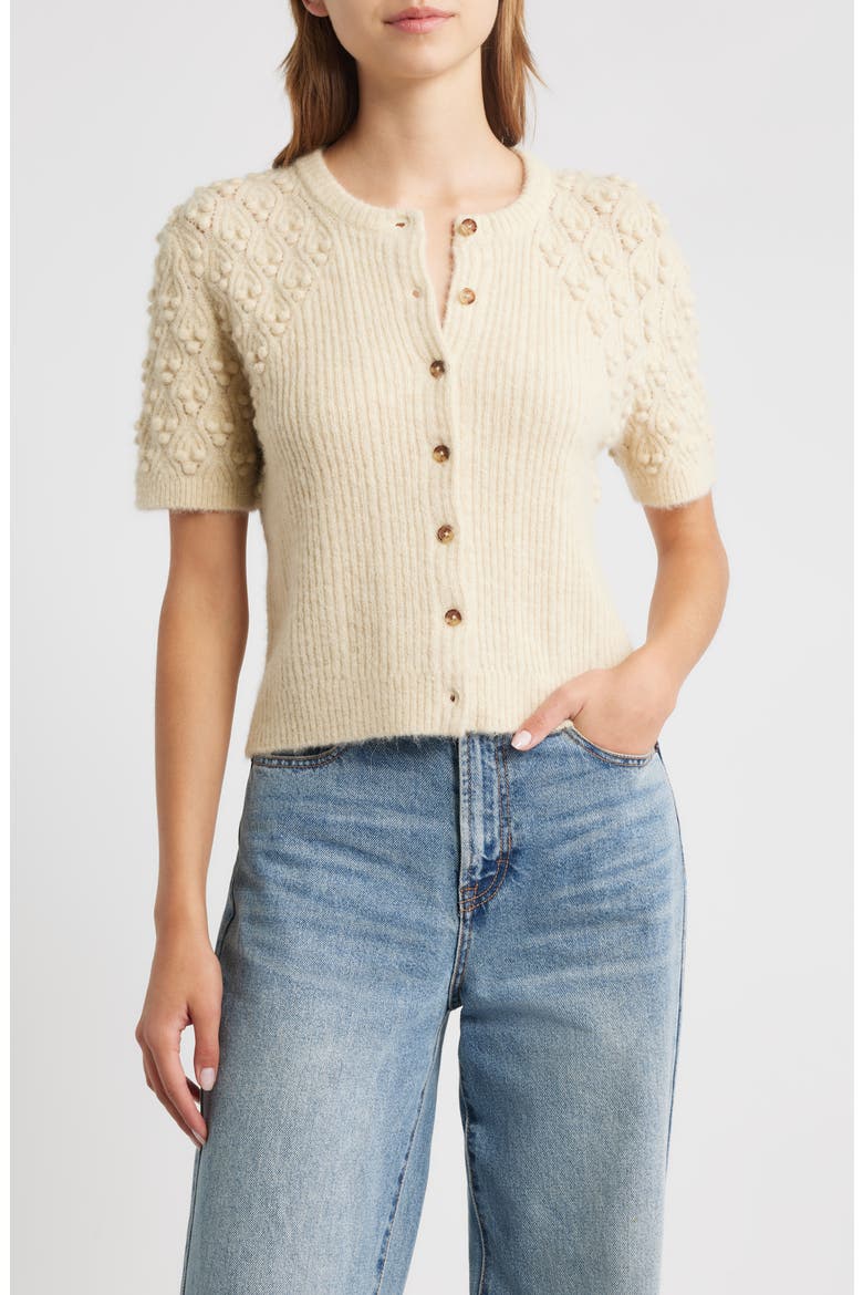 Sierra Pom Short Sleeve Cardigan, Main, color, IVORY