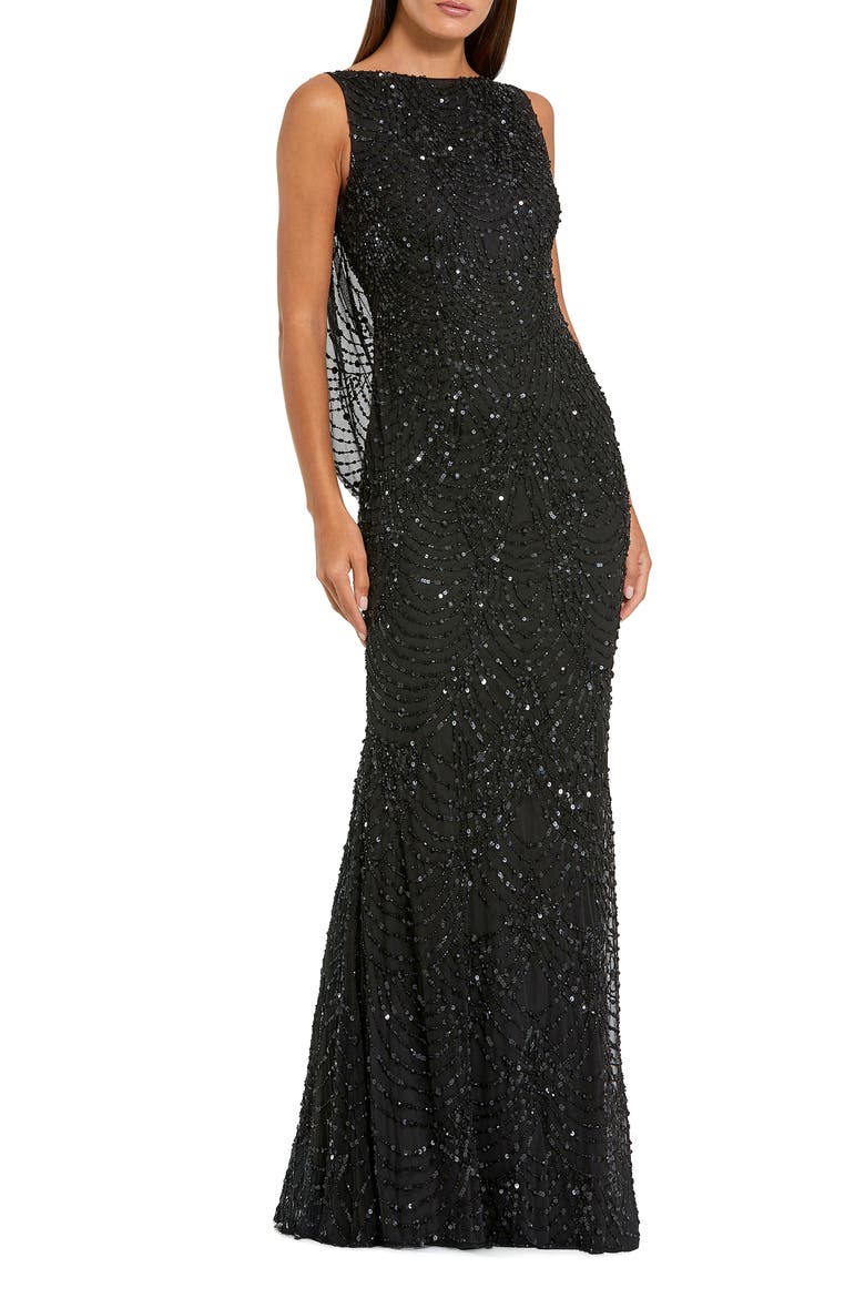 Sleevless Cowl Back Gown With Draped Beading, Main, color, Black