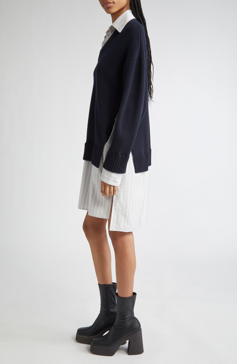 Stella McCartney Long Sleeve Mixed Media Wool, Silk & Cotton Dress, Alternate, color, 4000 - Navy