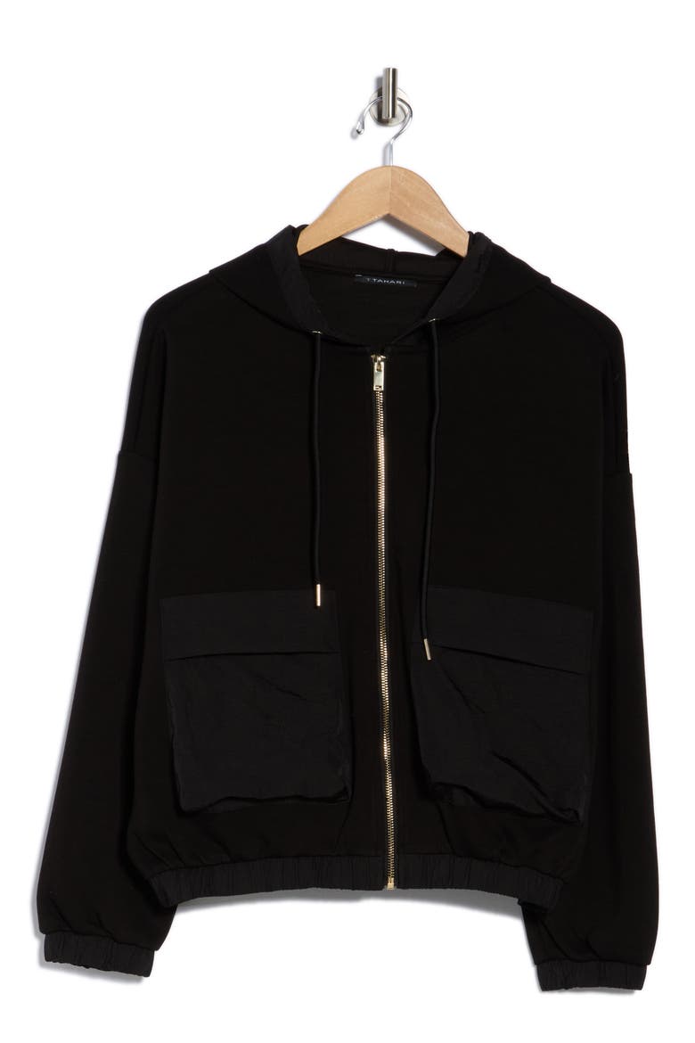 Mixed Media Zip Up Hoodie, Alternate, color, BLACK