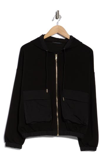T Tahari Mixed Media Zip Up Hoodie In Black