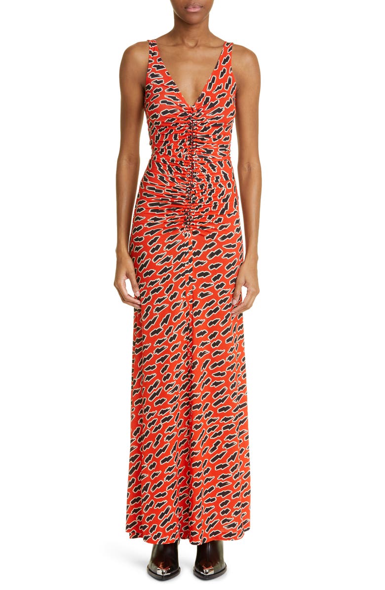 Rabanne Lightning Print Ruched V-Neck Maxi Dress, Main, color,