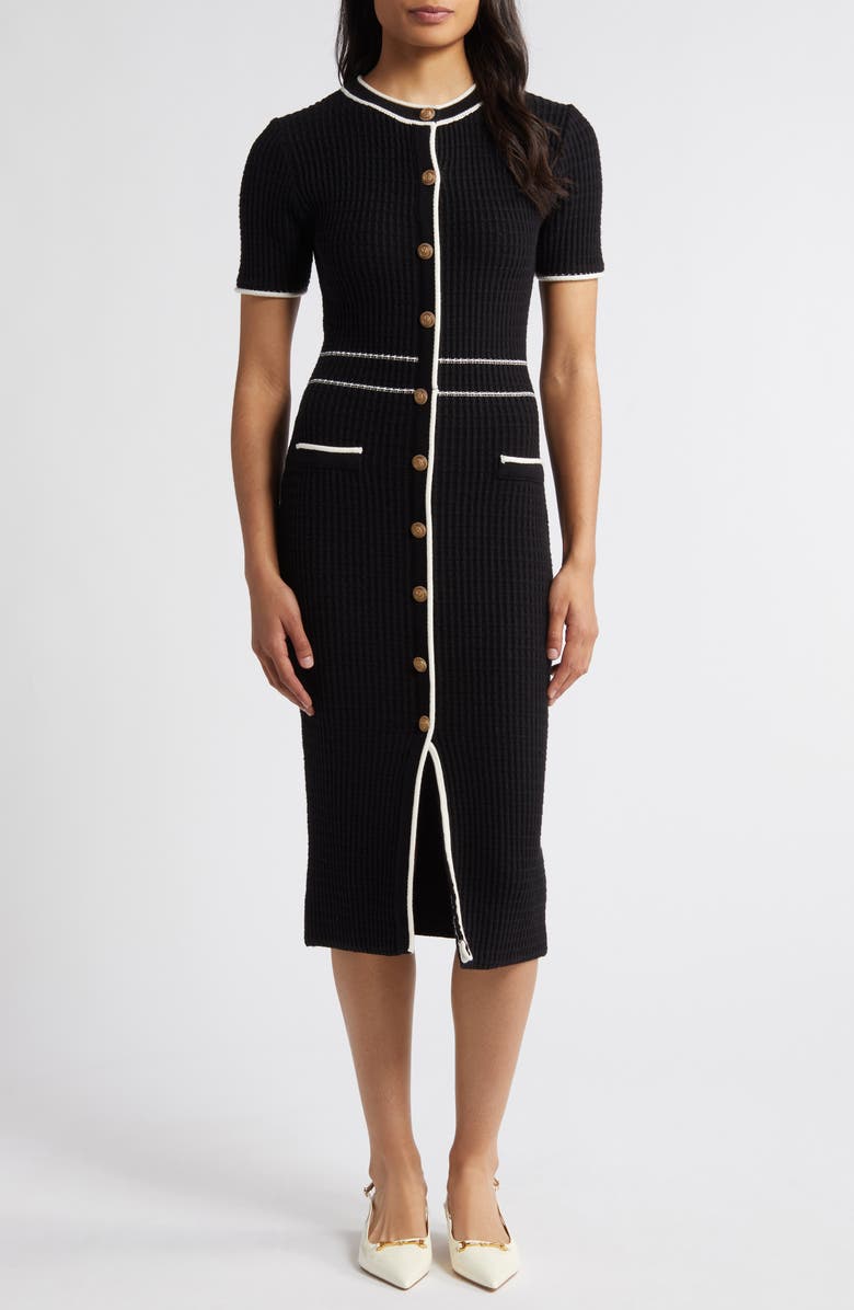 ZOE AND CLAIRE Tipped Button Front Midi Sweater Dress, Main, color, Black