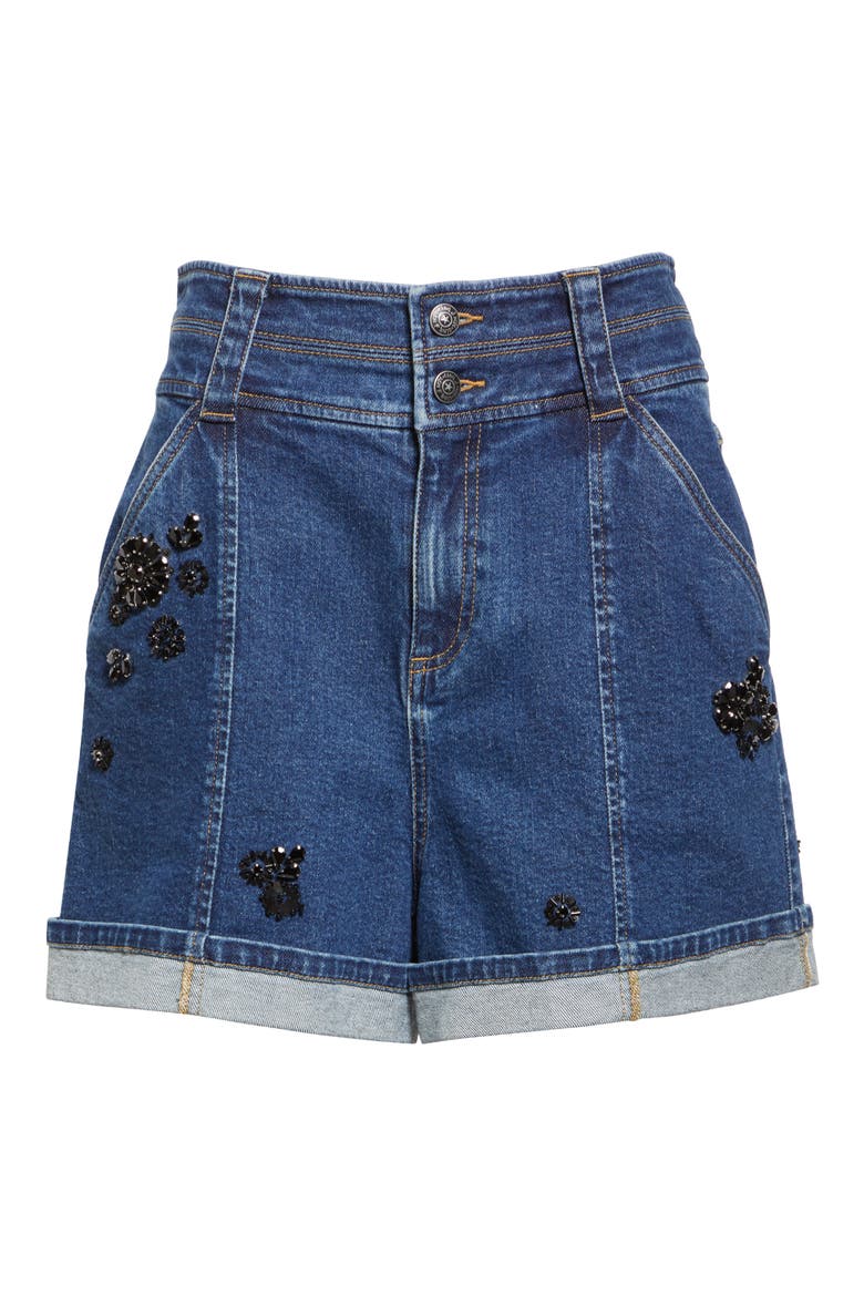 Embellished Cuffed Denim Shorts, Alternate, color, OCEANE