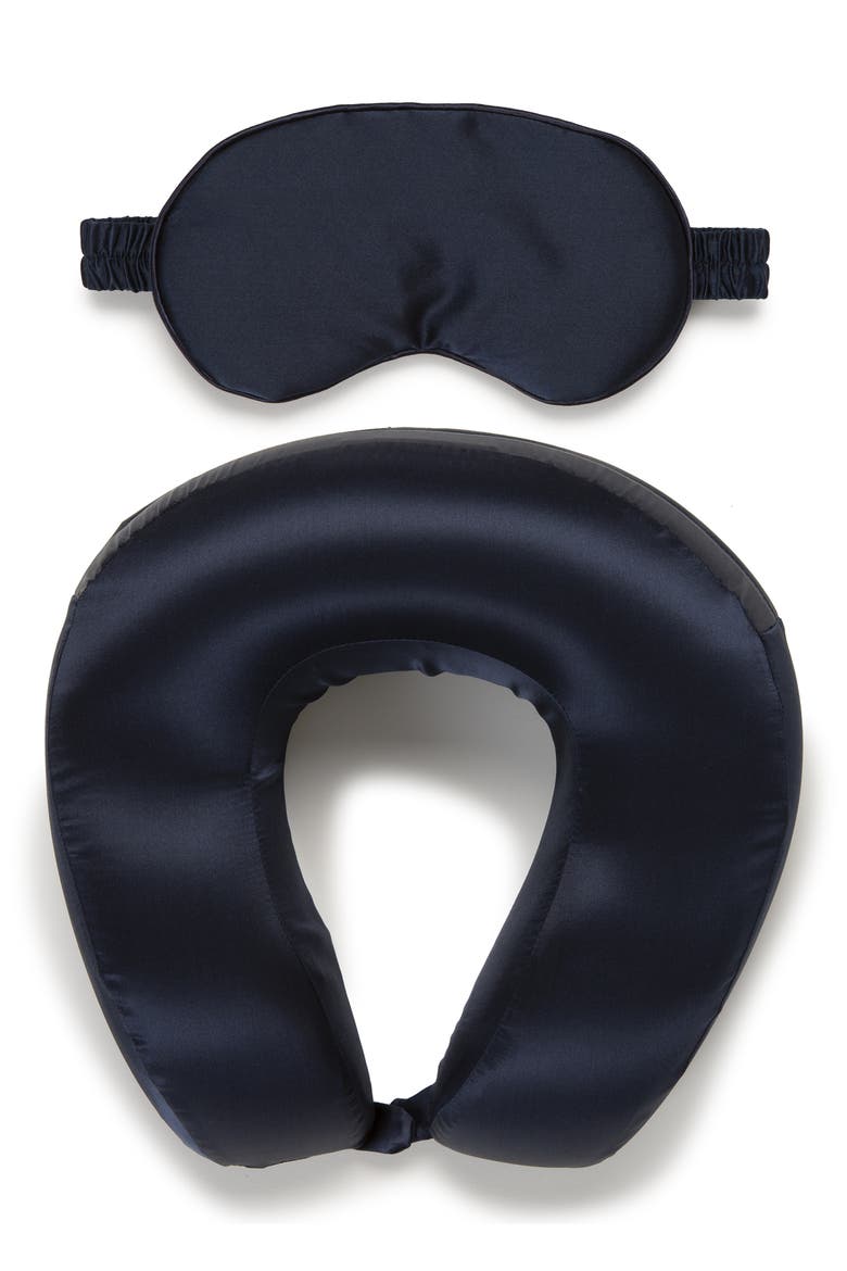 Silk Travel Neck Pillow & Eye Mask Set, Main, color, NAVY
