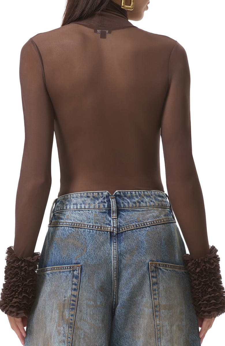 AFRM Helena Ruffle Trim Long Sleeve Mesh Shirt, Alternate, color, Espresso