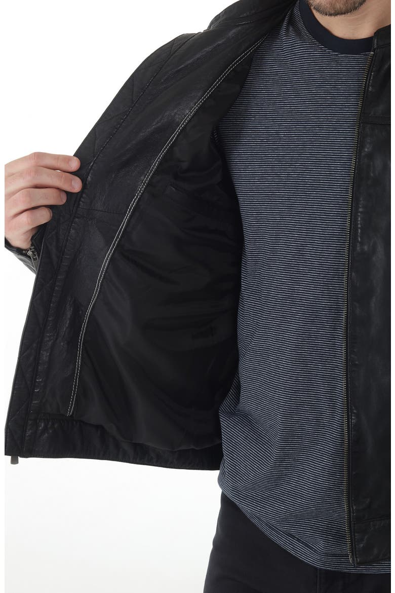 Band Collar Leather Trucker Jacket, Alternate, color, BLACK