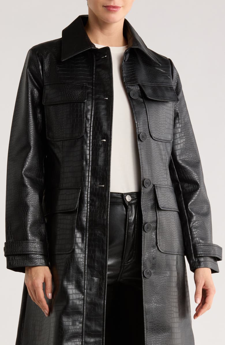 Rebecca Minkoff Croc Embossed Faux Leather Trench Coat, Alternate, color, Black