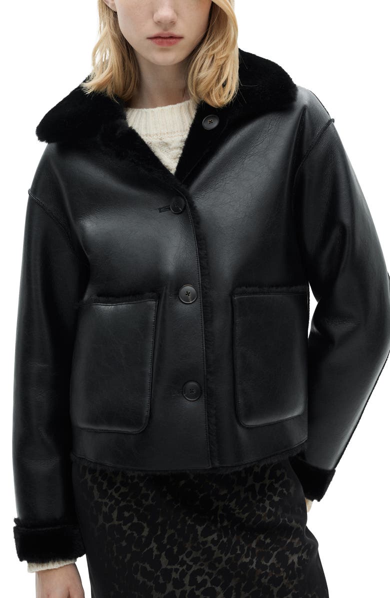MANGO Faux Leather Jacket with Faux Fur Lining, Main, color, 
