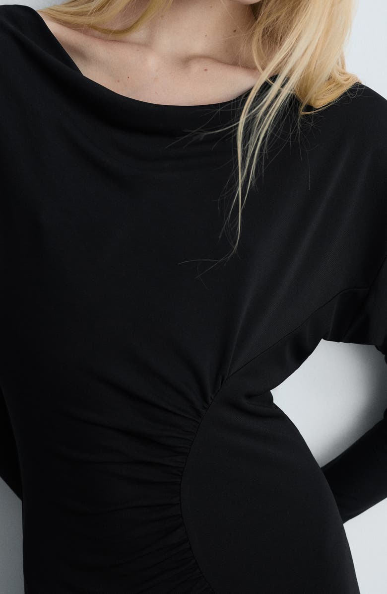 MANGO One-Shoulder Long Sleeve Ruched Dress, Alternate, color, Black